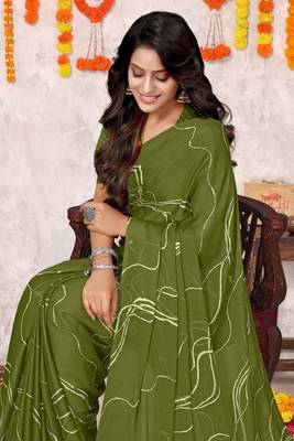 Mehandi Green Chiffon Geometric Print Saree With Unstitched Blouse Piece 1