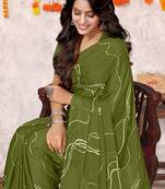 Mehandi Green Chiffon Geometric Print Saree With Unstitched Blouse Piece