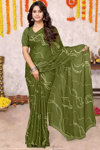 Mehandi Green Chiffon Geometric Print Saree With Unstitched Blouse Piece