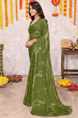 Mehandi Green Chiffon Geometric Print Saree With Unstitched Blouse Piece 3
