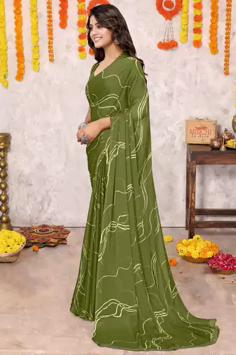 Mehandi Green Chiffon Geometric Print Saree With Unstitched Blouse Piece