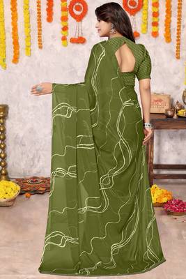 Mehandi Green Chiffon Geometric Print Saree With Unstitched Blouse Piece 4