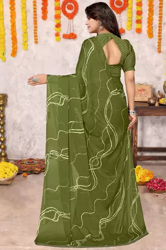 Mehandi Green Chiffon Geometric Print Saree With Unstitched Blouse Piece