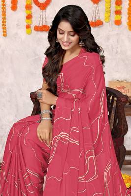 Coral Chiffon Geometric Print Saree With Unstitched Blouse Piece 1