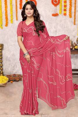 Coral Chiffon Geometric Print Saree With Unstitched Blouse Piece 2