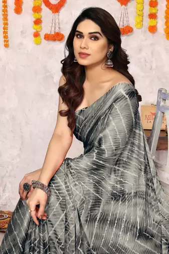 Dark Grey Chiffon Chevron/Zig Zag Print/Tassels Saree With Unstitched Blouse Piece