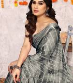 Dark Grey Chiffon Chevron/Zig Zag Print/Tassels Saree With Unstitched Blouse Piece