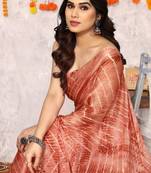 Coral Chiffon Chevron/Zig Zag Print/Tassels Saree With Unstitched Blouse Piece