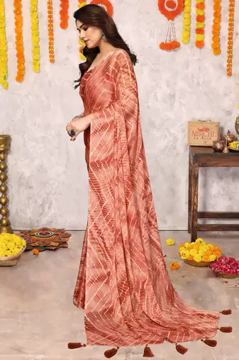 Coral Chiffon Chevron/Zig Zag Print/Tassels Saree With Unstitched Blouse Piece