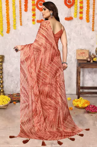 Coral Chiffon Chevron/Zig Zag Print/Tassels Saree With Unstitched Blouse Piece