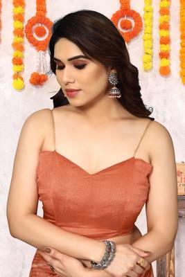 Coral Chiffon Chevron/Zig Zag Print/Tassels Saree With Unstitched Blouse Piece 5