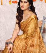 Mustard Chiffon Chevron/Zig Zag Print/Tassels Saree With Unstitched Blouse Piece