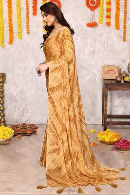 Mustard Chiffon Chevron/Zig Zag Print/Tassels Saree With Unstitched Blouse Piece 3