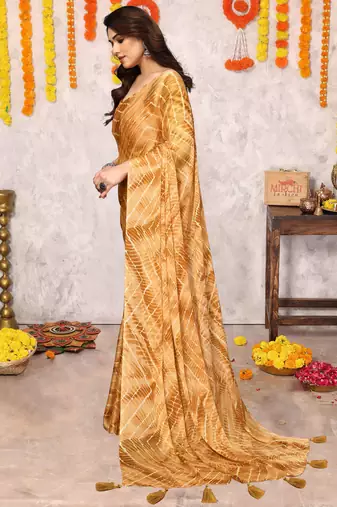 Mustard Chiffon Chevron/Zig Zag Print/Tassels Saree With Unstitched Blouse Piece