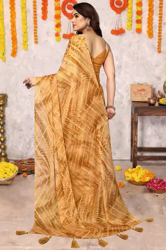 Mustard Chiffon Chevron/Zig Zag Print/Tassels Saree With Unstitched Blouse Piece