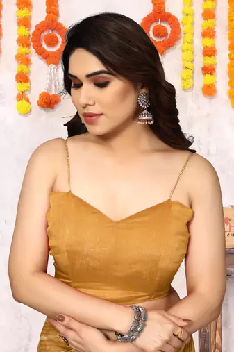 Mustard Chiffon Chevron/Zig Zag Print/Tassels Saree With Unstitched Blouse Piece