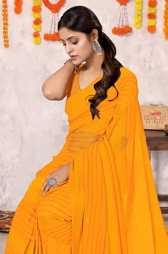 Yellow Georgette Solid/ Tassels Golden Zari Woven Border Saree With Unstitched Blouse Piece