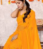 Yellow Georgette Solid/ Tassels Golden Zari Woven Border Saree With Unstitched Blouse Piece