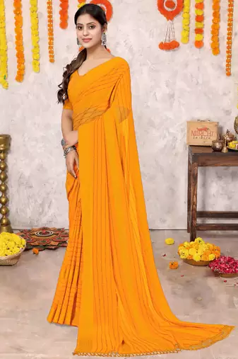Yellow Georgette Solid/ Tassels Golden Zari Woven Border Saree With Unstitched Blouse Piece