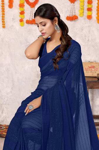 Navy Blue Georgette Solid/ Tassels Golden Zari Woven Border Saree With Unstitched Blouse Piece