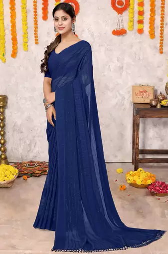 Navy Blue Georgette Solid/ Tassels Golden Zari Woven Border Saree With Unstitched Blouse Piece