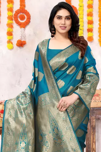 Turquoise Silk Blend Golden Zari Woven Golden Zari Woven Border Saree With Unstitched Blouse Piece