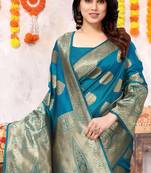 Turquoise Silk Blend Golden Zari Woven Golden Zari Woven Border Saree With Unstitched Blouse Piece
