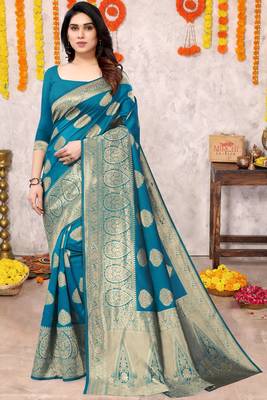 Turquoise Silk Blend Golden Zari Woven Golden Zari Woven Border Saree With Unstitched Blouse Piece 2