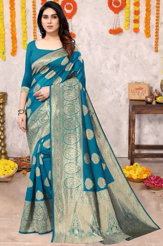 Turquoise Silk Blend Golden Zari Woven Golden Zari Woven Border Saree With Unstitched Blouse Piece