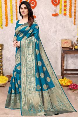 Turquoise Silk Blend Golden Zari Woven Golden Zari Woven Border Saree With Unstitched Blouse Piece 3