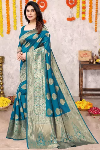 Turquoise Silk Blend Golden Zari Woven Golden Zari Woven Border Saree With Unstitched Blouse Piece