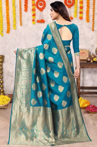 Turquoise Silk Blend Golden Zari Woven Golden Zari Woven Border Saree With Unstitched Blouse Piece