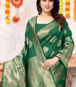 Dark Green Silk Blend Golden Zari Woven Golden Zari Woven Border Saree With Unstitched Blouse Piece