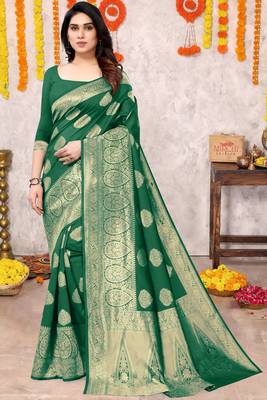 Dark Green Silk Blend Golden Zari Woven Golden Zari Woven Border Saree With Unstitched Blouse Piece 2