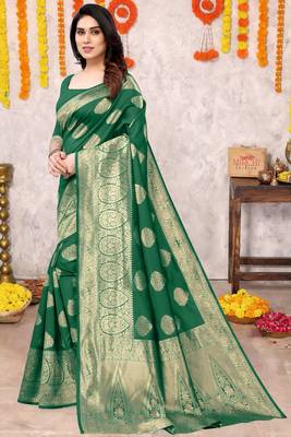 Dark Green Silk Blend Golden Zari Woven Golden Zari Woven Border Saree With Unstitched Blouse Piece 3