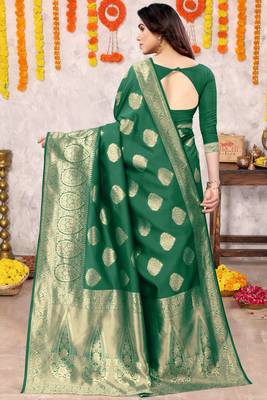 Dark Green Silk Blend Golden Zari Woven Golden Zari Woven Border Saree With Unstitched Blouse Piece 4