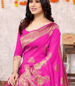 Rani pink silk blend floral/paisley zari woven golden zari woven border saree with unstitched blouse piece