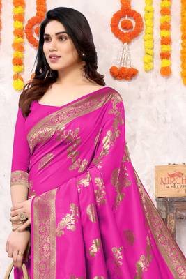Rani Pink Silk Blend Floral Zari Woven Golden Zari Woven Border Saree With Unstitched Blouse Piece 1