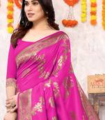 Rani Pink Silk Blend Floral Zari Woven Golden Zari Woven Border Saree With Unstitched Blouse Piece