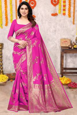 Rani Pink Silk Blend Floral Zari Woven Golden Zari Woven Border Saree With Unstitched Blouse Piece 2