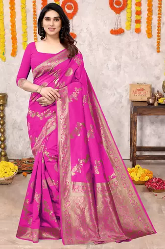 Rani Pink Silk Blend Floral Zari Woven Golden Zari Woven Border Saree With Unstitched Blouse Piece