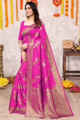 Rani Pink Silk Blend Floral Zari Woven Golden Zari Woven Border Saree With Unstitched Blouse Piece 3