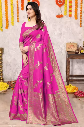 Rani Pink Silk Blend Floral Zari Woven Golden Zari Woven Border Saree With Unstitched Blouse Piece