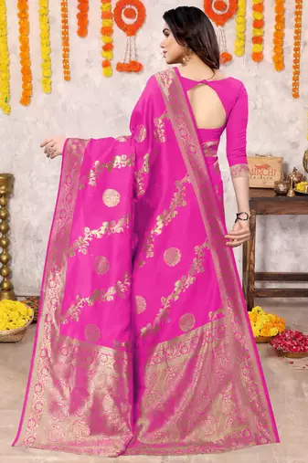 Rani Pink Silk Blend Floral Zari Woven Golden Zari Woven Border Saree With Unstitched Blouse Piece