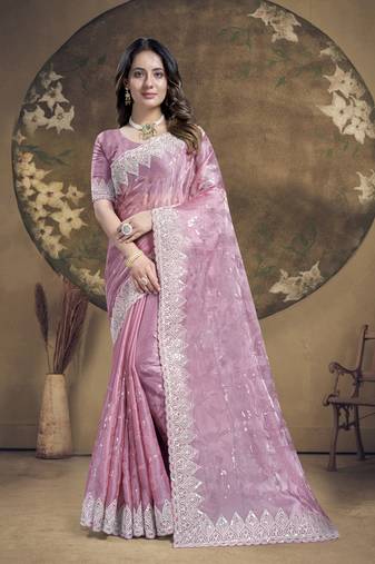 Dusty Pink sequin Embroidery Work Silk Saree