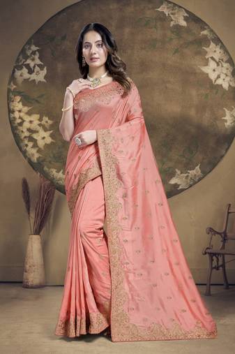 Peach Heavy Zari Embroidery Stone Work Silk Saree