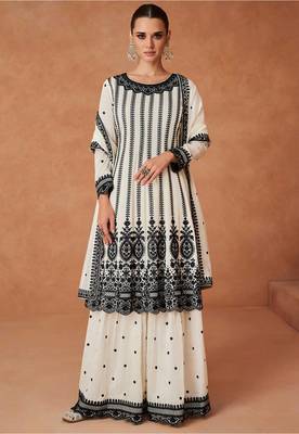 Cream embroidered work silk bland fabric kurta palazzo with dupatta. 1
