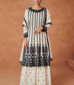 Cream embroidered work silk bland fabric kurta palazzo with dupatta.