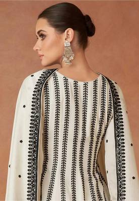 Cream embroidered work silk bland fabric kurta palazzo with dupatta. 2