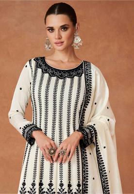 Cream embroidered work silk bland fabric kurta palazzo with dupatta. 3